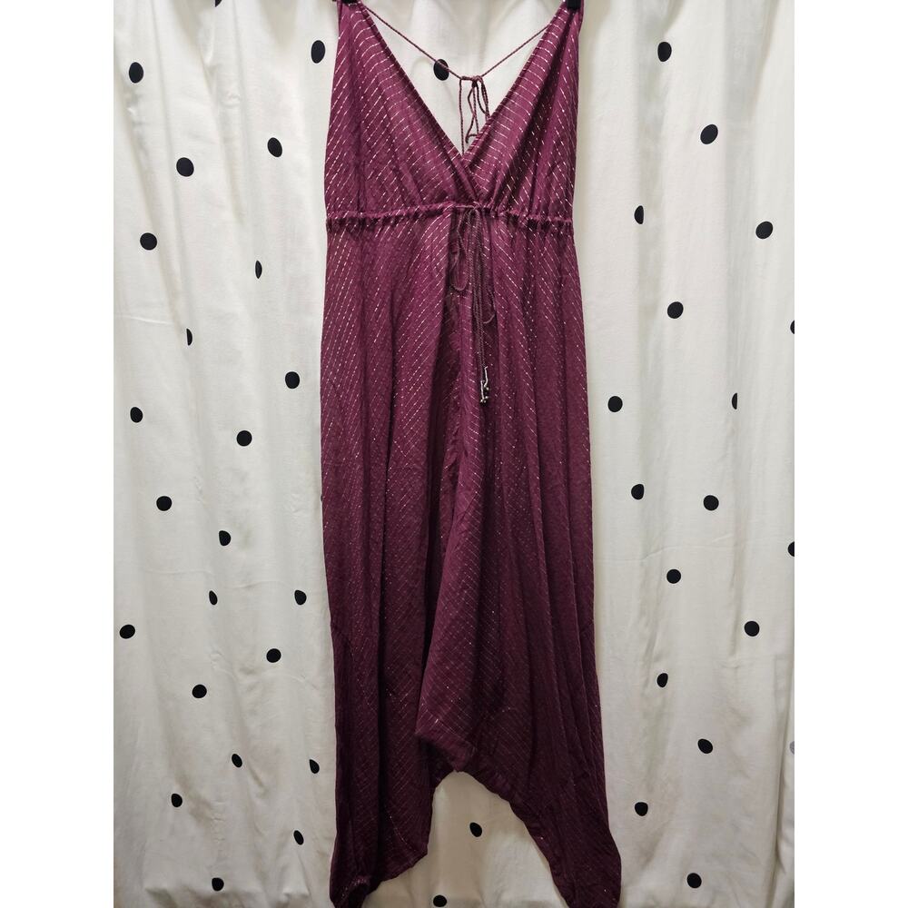 Free People sheer maroon silver pin striped balloon leg v-neck jumpsuit XS